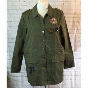 NWT Vero Moda Cargo Jacket Olive Green Embroidered Jewel Accents XL